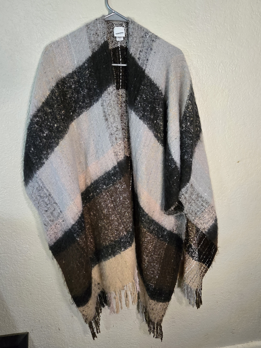 Sonoma Striped Fringe Poncho - Gray, Brown & Light Pink